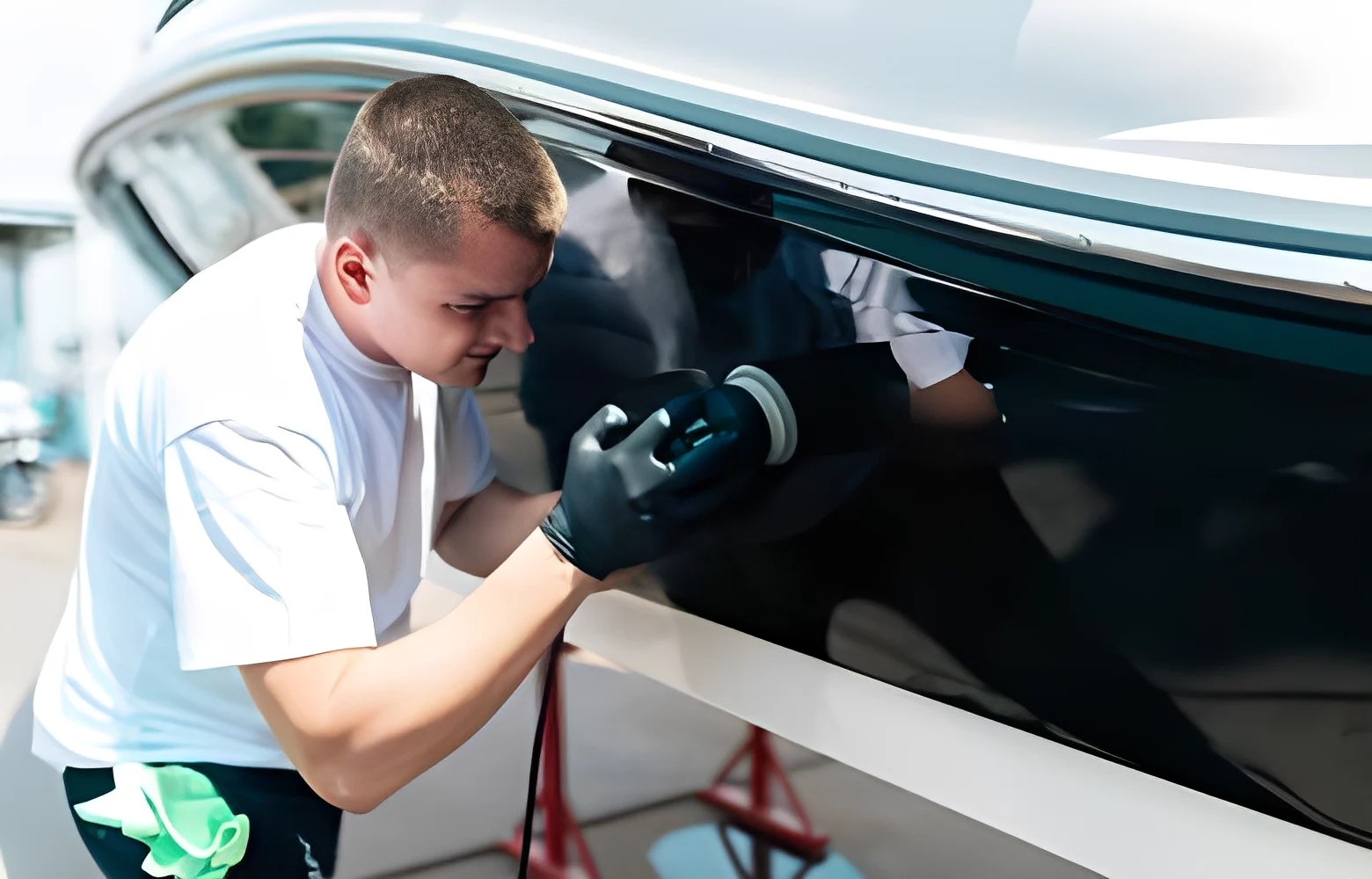 Boat detailing service in progress, showing a technician cleaning and polishing a boat’s exterior at a marina service area.