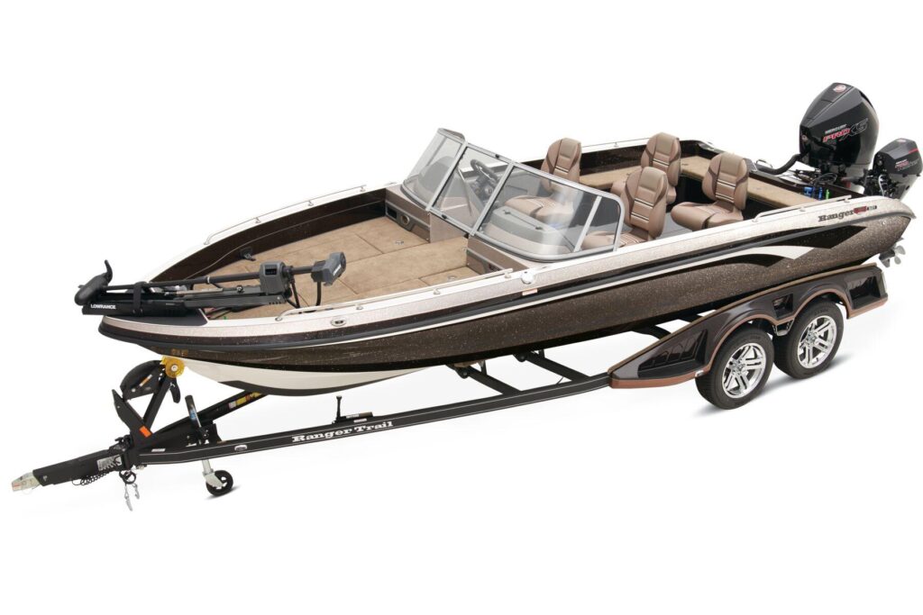 2026 Ranger 621FS Cup-Equipped fiberglass fishing boat on trailer with dual console seating and Mercury outboard
