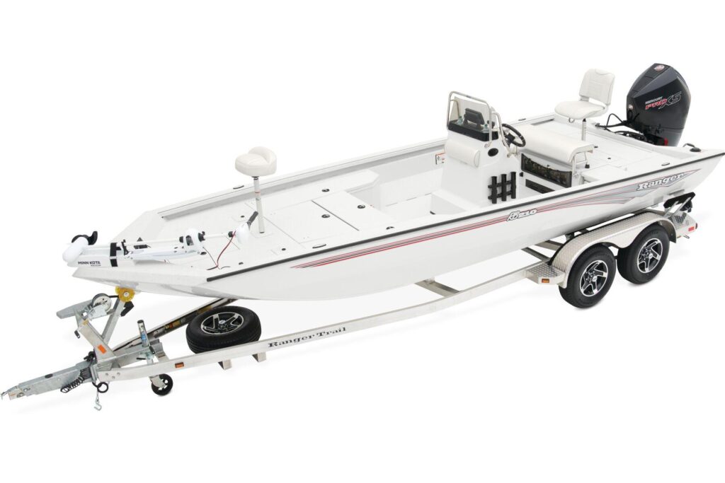 2025 Ranger RB210 aluminum fishing boat on trailer with outboard motor and center console layout