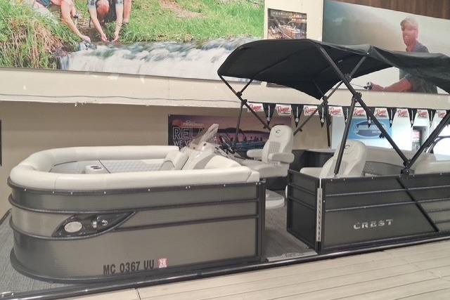 2022 Crest Classic Platinum 220 pontoon boat with bimini top at Grand Pointe Marina