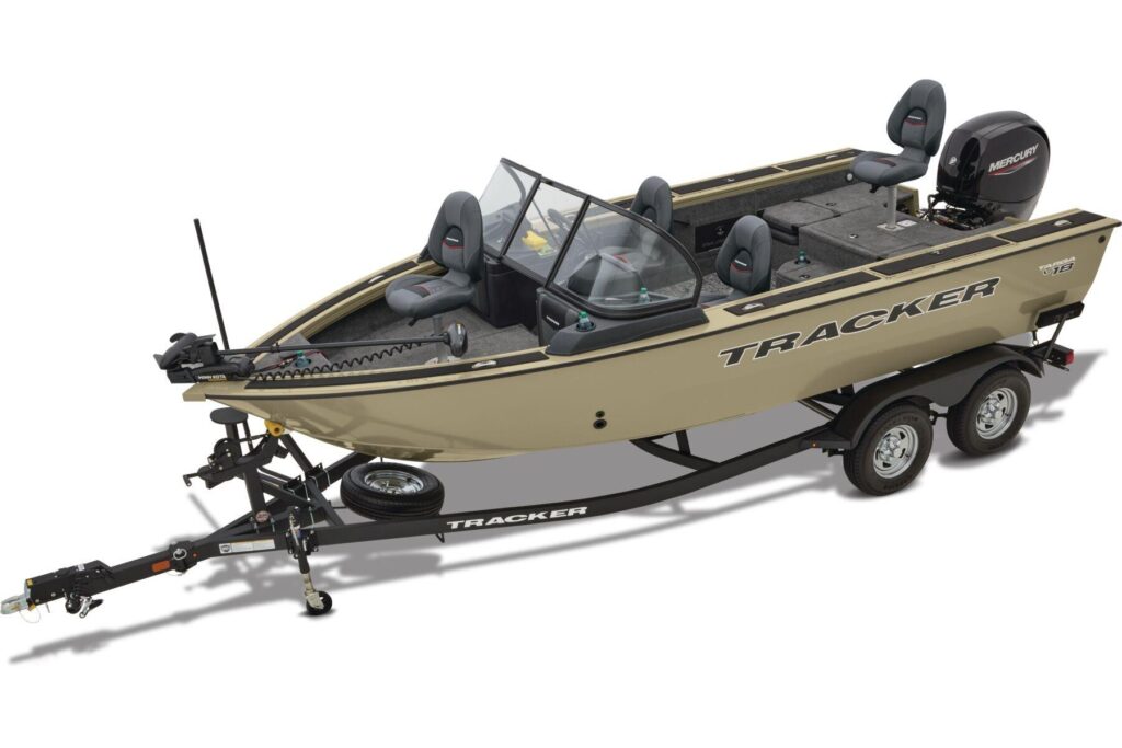 2026 Tracker Targa V-18 Combo fishing boat with Mercury outboard, windshield, bow trolling motor, and trailer.
