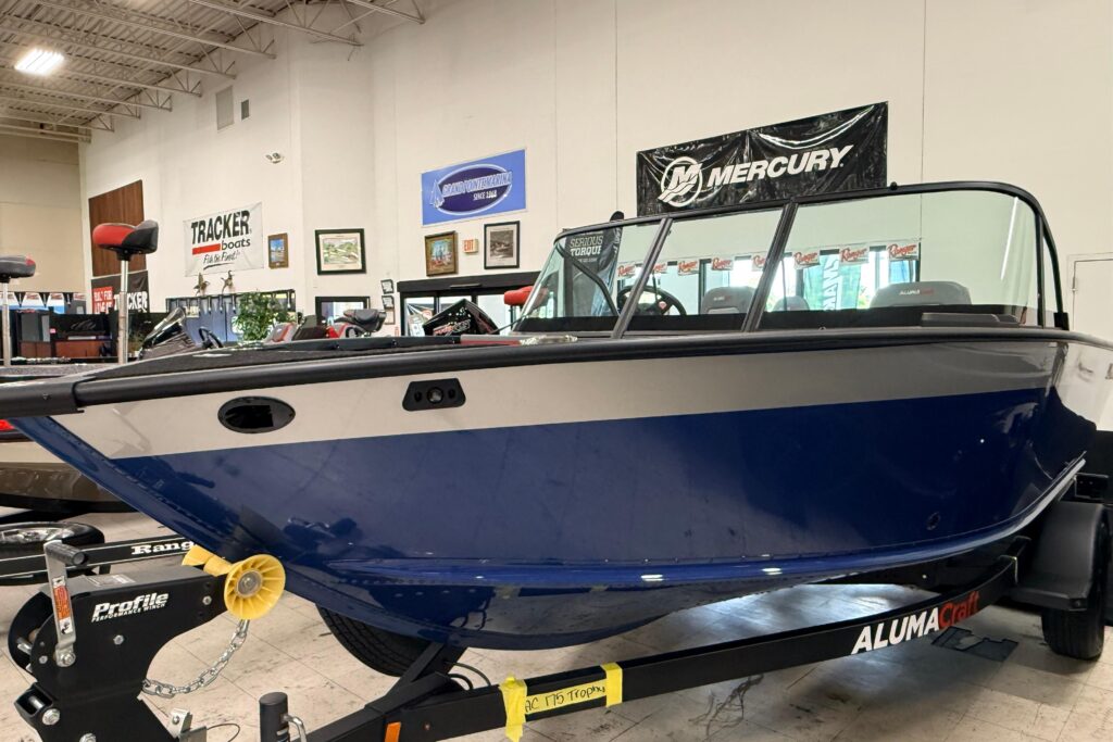 2025 Alumacraft Trophy 175X Sport fishing boat inside Grand Pointe Marina showroom